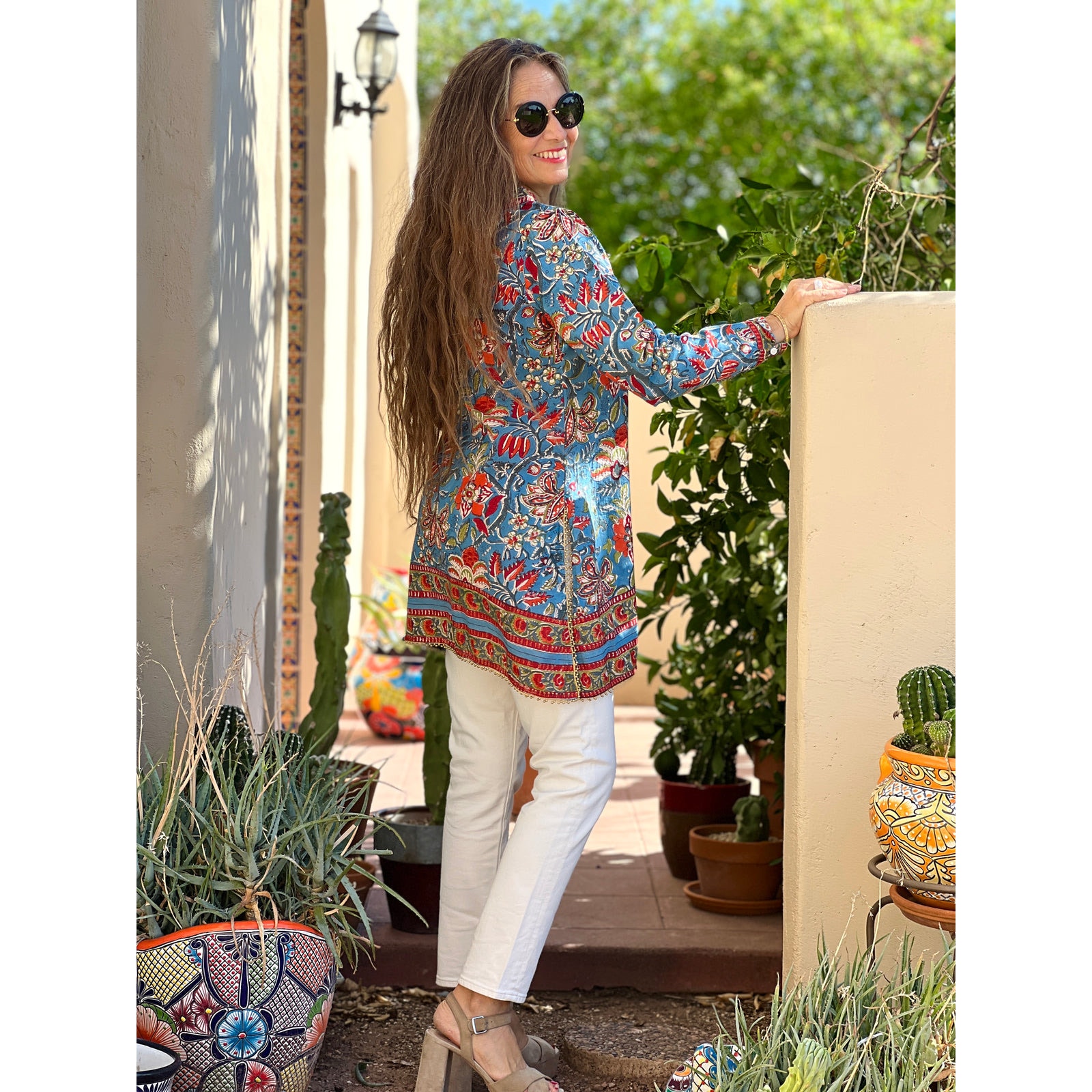 Pax Philomena Fleury Blue Floral Cotton Tunic Hand Block Printed Beaded Top Xxl — image 3 of 8